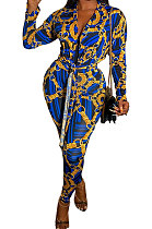 Blue Euramerican Women Trendy Tight Printing Waistband V Collar Long Sleeve Bodycon Jumpsuits BYQ1025