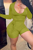 Neon Yellow Wholesal New Women Ribber Long Sleeve Deep V Collar Slim Fitting Solid Color Romper Shorts CL6095-3