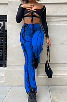 Blue Sexy Autumn Long Sleeve Low-Cut Hollow Out Strapless High Waist Spots Printing Pants Two-Piece BM7209-5