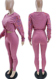 Pink Cotton Blend Splash-Ink Spliced Long Sleeve Round Neck Blouse Tight Pencil Pants Casual Sets BM7217-2