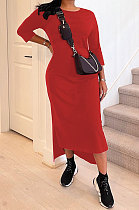 Wine Red Euramerican Women Solid Color Seven Points Sleeve Irregular Lower Hem Midi Dress AYQ08019-2