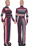 Brown New Colorful Stripe Printing Long Sleeve High Neck Crop Top High Waist Wide Leg Pants Two-Piece AMX6053-3