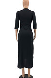 Black Euramerican Women Solid Color Seven Points Sleeve Irregular Lower Hem Midi Dress AYQ08019-1