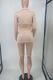 Apricot Euramerican Women Solid Color Spliced Mesh Spaghetti Tight Turn-Down Collar Shorts Sets AYL88885-1
