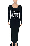 Black Women Sexy Long Sleeve Solid Color Printing Elastic Waist Long Dress BYL77000