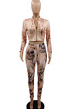 Landscape Printing Polyester Women Autumn Winter Long Sleeve Zipper Pants Sets GB8029