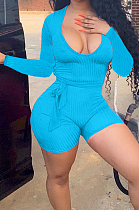 Peacock Blue Wholesal New Women Ribber Long Sleeve Deep V Collar Slim Fitting Solid Color Romper Shorts CL6095-6