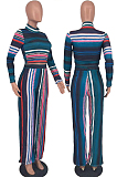 Brown New Colorful Stripe Printing Long Sleeve High Neck Crop Top High Waist Wide Leg Pants Two-Piece AMX6053-3