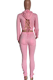 Pink Autumn Winter Euramerican Fashion Eyelet Bnadage Solid Color Hollow Out Hoodie Tops Pants Sets HM5496-1