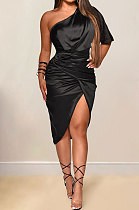 Black New Euramerican Fashion Pure Color Women Tight One Shoulder Split Mini Dress XZ5273-2