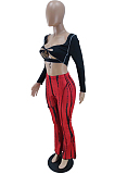 Pink Sexy Autumn Long Sleeve Low-Cut Hollow Out Strapless High Waist Spots Printing Pants Two-Piece BM7209-8