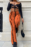 Red Sexy Autumn Long Sleeve Low-Cut Hollow Out Strapless High Waist Spots Printing Pants Two-Piece BM7209-3