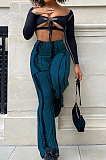 Cyan Sexy Autumn Long Sleeve Low-Cut Hollow Out Strapless High Waist Spots Printing Pants Two-Piece BM7209-4
