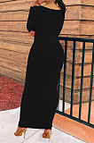 Black Women Sexy Long Sleeve Solid Color Printing Elastic Waist Long Dress BYL77000