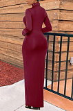 Wine Red Women Long Sleeve Pure Color Sexy Long Dress BYL79000-2