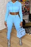 Light Blue Autumn Winter Euramerican Fashion Eyelet Bnadage Solid Color Hollow Out Hoodie Tops Pants Sets HM5496-4
