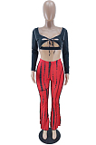 Pureple Sexy Autumn Long Sleeve Low-Cut Hollow Out Strapless High Waist Spots Printing Pants Two-Piece BM7209-1