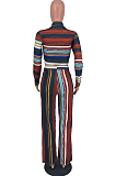 Rose Red New Colorful Stripe Printing Long Sleeve High Neck Crop Top High Waist Wide Leg Pants Two-Piece AMX6053-1