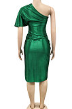 Green New Euramerican Fashion Pure Color Women Tight One Shoulder Split Mini Dress XZ5273-1