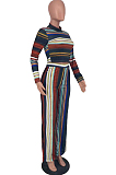 Rose Red New Colorful Stripe Printing Long Sleeve High Neck Crop Top High Waist Wide Leg Pants Two-Piece AMX6053-1