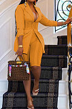 Yellow Euramerican Women Solid Color Spliced Mesh Spaghetti Tight Turn-Down Collar Shorts Sets AYL88885-6