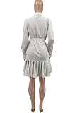 Brown Fashion Autumn Long Sleeve Lapel Neck Single-Breasted Shorts Beltband  Swing Shirt Dress JC7068-4