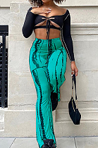 Cyan Sexy Autumn Long Sleeve Low-Cut Hollow Out Strapless High Waist Spots Printing Pants Two-Piece BM7209-4