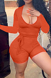 Pink Wholesal New Women Ribber Long Sleeve Deep V Collar Slim Fitting Solid Color Romper Shorts CL6095-2