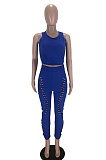 Sky Blue Night Club Pure Color Sleeveless Round Neck Tank Bodycon Pencil Pants Hollow Out Casual Sets HMR6052-3