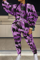 Purple Personality Tie Dye Printing Loose Long Sleeve Bandage Wearing Jumpers Sweat Pants Sets HMR6054-1