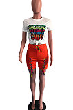 Orange Women Fashion Positioning Printing Eyelet Bandage Shorts Sets OMY0028-1