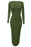 Army Green Women Deep V Neck Tight Sexy Long Sleeve Long Dress Q910-12