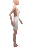 White Women Fashion Solid Color Hip Deep V  Collar Hallter Neck Backless Mini Dress PH1201-1
