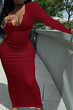 Dark Red Women Deep V Neck Tight Sexy Long Sleeve Long Dress Q910-15
