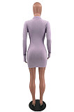 Yellow Cotton Blend Letter Printing Long Sleeve Stand Neck Zippet Slim Fitting Pure Color Bodycon Dress HMR6037-1