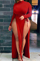 Red Big Yards Women Pure Color Long Sleeve High Collar Collect Waist Bandage Split Long Dress DN8631-3