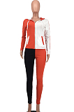 Red Wholesal Autumn Winter Contrast Color Spliced Long Sleeve Zipper Hoodie Bodycon Pants Sport Sets SMD82080-5