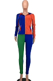 Blue Wholesal Autumn Winter Contrast Color Spliced Long Sleeve Zipper Hoodie Bodycon Pants Sport Sets SMD82080-2