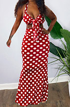 Red Women Hallter Neck Trendy Polka Dot Skirts Sets OMY0025-1