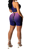 Purple Women Shirred Detail Tanks Printing Stretch Ribber Shorts Sets PH1218-1