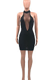 Black Women Fashion Solid Color Hip Deep V  Collar Hallter Neck Backless Mini Dress PH1201-2
