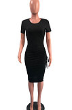 Black Pure Color Short Sleeve Round Collar Drawsting Split Mini Dress OMY0021-3