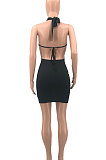 Black Women Fashion Solid Color Hip Deep V  Collar Hallter Neck Backless Mini Dress PH1201-2