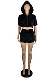 Black New Autumn And Winter Double Sided Velvet Short Sleeve Zipper Hoodie Coat&Strapless+Shorts Solid Color Thtee Piece LS6464-2