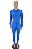 Blue Casual New Long Sleeve Zipper Hoodie Pencil Pants Slim Fitting Pure Color Sport Sets MLL176-3