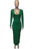 Green Women Deep V Neck Tight Sexy Long Sleeve Long Dress Q910-13