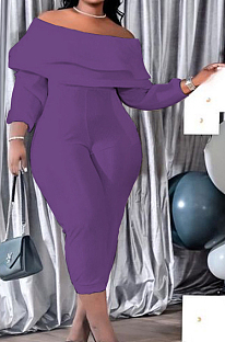 Purple Big Yards Ruffle A Wrod Shoulder Long Sleeve With Pocket Pure Color Slim Fitting Jumpsuits QSS51039-1