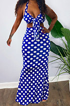 Blue Women Hallter Neck Trendy Polka Dot Skirts Sets OMY0025-2
