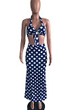 Blue Women Hallter Neck Trendy Polka Dot Skirts Sets OMY0025-2