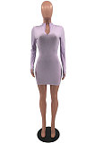 Violet Cotton Blend Letter Printing Long Sleeve Stand Neck Zippet Slim Fitting Pure Color Bodycon Dress HMR6037-2